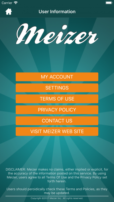 User information screen, showing the My Account button on the top, only if you are logged into your account.